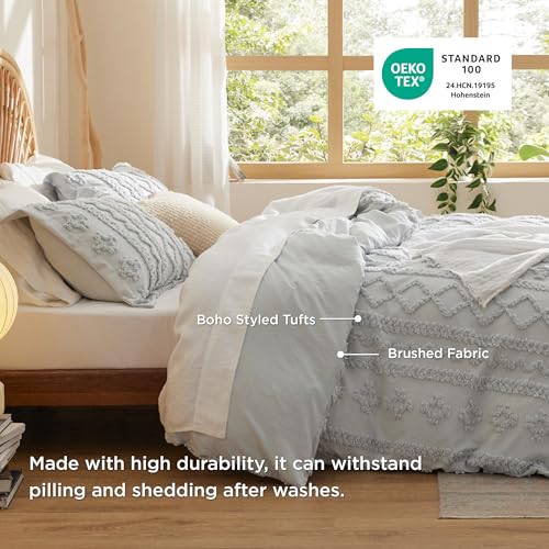 Image of Bedsure Boho Duvet Cover King Size, Soft & Comfortable Elegant Design Boho Bedding for Decoration, Machine Washable Comforter Cover for All Seasons,Includes 1 Duvet Cover & 2 Pillow Shams,Light Grey