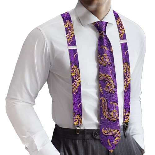 Image of Barry.Wang Men Suspender Set with Necktie Elastic Y Type Heavy Duty 6 Clips Braces Tie Handkerchief Cufflink Pin 6PCS
