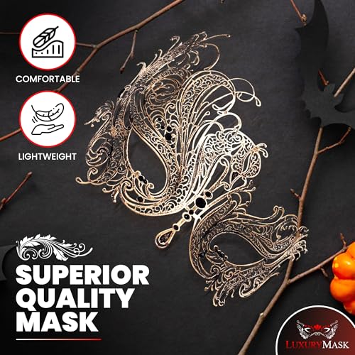 Image of Metal Filigree Masquerade Mask for Women - Swan Style Mask with Rhinestones for Mardi Gras, Prom, Halloween & Venetian Party