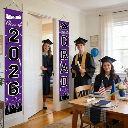 Image of Graduation Banner Class of 2026, Purple Graduation Decorations 2026 Porch Banner, Congrats Grad Decorations for Door and Porch Party Supplies