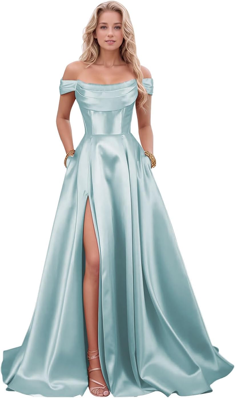 ALFEICE Satin Prom Dresses with Slit Strapless A Line Corset Ball Gowns Off Shoulder Formal Evening Gowns with Pockets