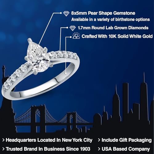 Gem Stone King 10K White Gold 8X5MM Pear Shape Gemstone Birthstone and White Lab Grown Diamond Engagement Ring For Women | Available in Size 5,6,7,8,92