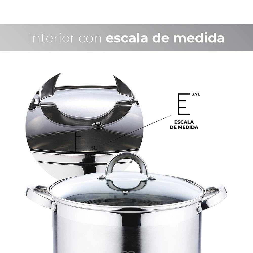 RENBERG Alexander | Acero Inoxidable | Batería de Cocina | Fondo Encapsulado de 5 Capas | Olla de Cocina Alta de 26x19 cm y 9,5 Litros con Tapa de Cristal