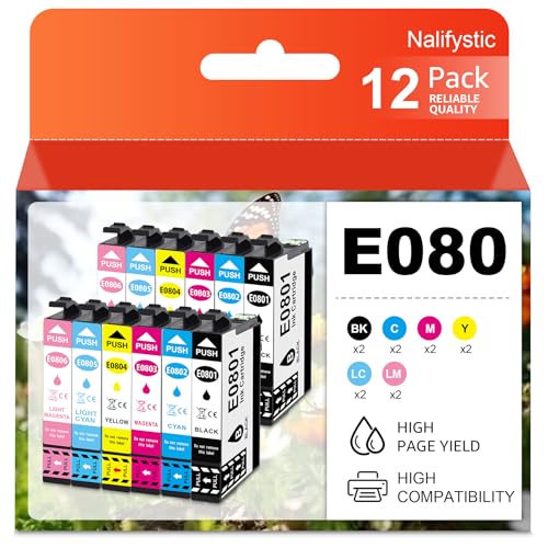 Nalifystic Zestaw 12 wkładów atramentowych do Stylus Photo R265 R360 R285 RX5803 T0804 T0805 T0806 wkłady atramentowe do Stylus Photo R265 R360 R285 RX585 RX685 P50 Stylus PX700W PX710W PX885 000FW