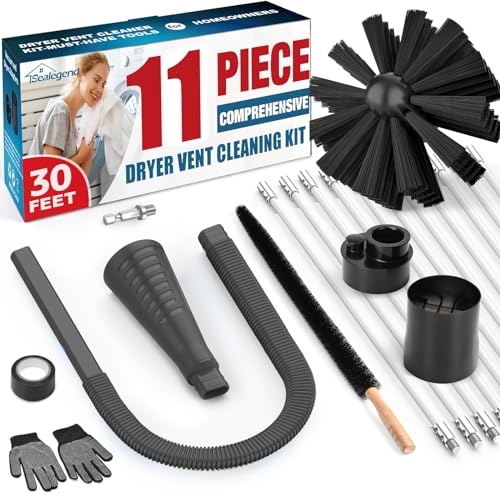 Sealegend 11-Piece Dryer Vent Cleaner Kit Omnidirectional Dryer Cleaning Kit Include 30 Feet Dryer Vent Brush, Black Dryer Lint Vacuum Attachment&Dryer Lint Trap Brush, Vacuum & Dryer Adapters