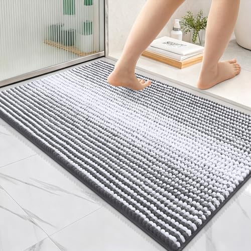 Image of OLANLY Bathroom Rugs 36x24, Extra Soft Absorbent Chenille Striped Bath Rugs, Rubber Backing, Machine Wash Dry, Bath Mats for Bathroom Floor, Tub and Shower, Home Decor Accessories, Grey