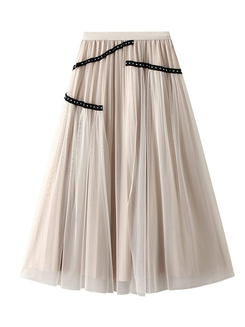 Dninmim Gonna lunga in tulle a vita alta da donna con scollo a V a vita alta e versatile gonna a pieghe midi