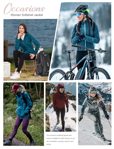 CMTOP Softshelljacke für Damen Kurze Fleece Gefütterte Warme Regenjacke Wasserabweisend und Winddichte Übergangsjacke Funktionsjacke Outdoorjacke Winterjacke Windbreaker mit Kapuze(Schwarz,M)