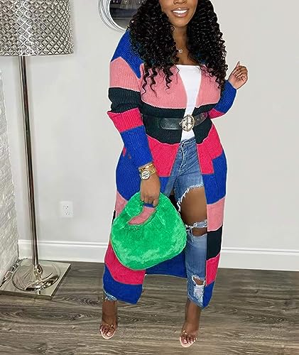 Image of SOMTHRON Women's Fall Cardigan Sweater Open Front Color Block Striped Knit Long Draped Coat Duster Outerwear