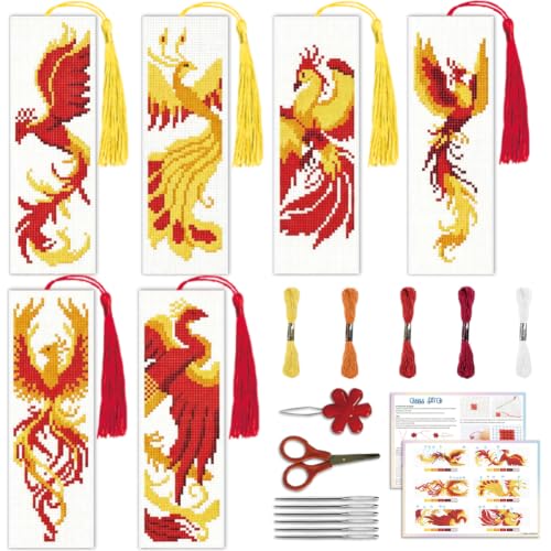 Image of ACRNIGHEET 6PCS Cross Stitch Bookmark Kit for Beginner Stamped Cross Stitch Kits for Adults Phoenix DIY Tassel Embroidery Bookmark Kits Needlepoint Kit with Instructions Craft Gift 8.5''x3'' 11CT