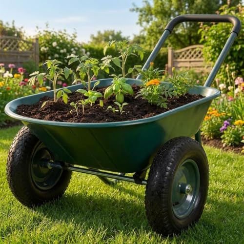 Green iron-and-plastic garden cart with dual wheels and built-in stand — a 29.4 lb frame built for routine yard trips