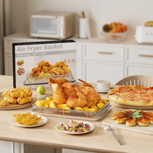 Image of Air Fryer Basket for Oven, THORSES 3 Set Oven Air Fryer Basket and Tray Set | with 90 PCS Parchment Papers, Thickened NonStick Stainless Steel Air Fryer Pan and Crisper Tray-Extra Large & Large & Medium