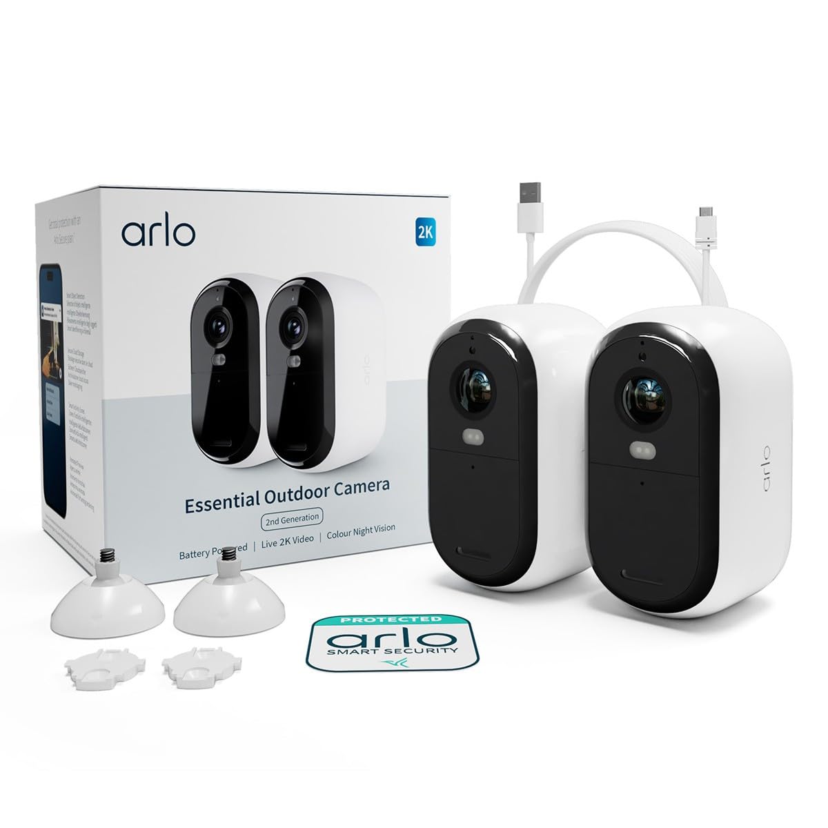 Arlo Essential 2 Akku Überwachungskamera Aussen WLAN, Kabellos, 2K HD Video, Farbnachtsicht, Bewegungsmelder, Sirene, 2-Wege Audio, Smart Home + Arlo Secure Plan Testzeitraum, 2er Set, Weiß