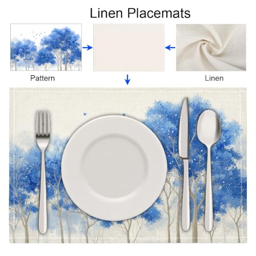 Sets de table antidérapants lavables en lin forêt arbres oiseaux pour table de cuisine - 8