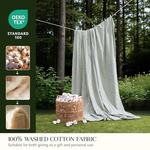 Image of Andency Sage Green Gingham Duvet Cover Queen, 100% Wash Cotton Linen Like Textured Breathable Comforter Cover Set, 3 Piece Classic Yarn-Dyed Checkered Plaid Bedding Set, 90 inch*90 inch