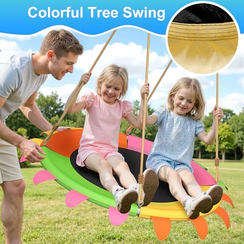 Image of 440lbs Metal Swing Sets for Backyard, 2 Seat Outdoor Kids Playset with Saucer, 40 Inch Saucer Swing, A-Frame Metal, Belt Swing and Basketall Hoop, Playset for Children Outdoor Fitness