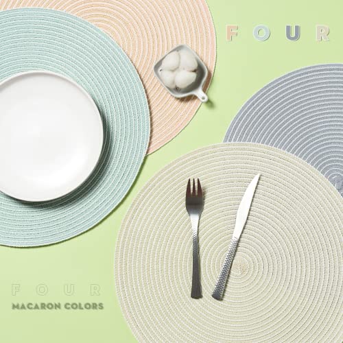 Funwheat Round Braided Placemats Set Of 6 Place Mats For Dining Tables Woven Heat Resistant Morandi Color Table Mats 15 Inch(Tree-Ring Mint Green) #TOP6