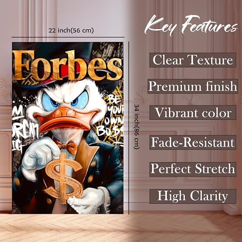 Image of Luxury Cartoon Duck Pop Art Canvas Wall Art Painting For Living Room | Money Motivation Street Art Wall Art Painting | Modern Success-Themed Artwork for Home & Office, 56x86 cm