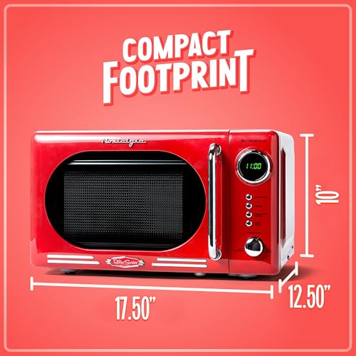 Nostalgia Retro Compact Countertop Microwave Oven - 0.7 Cu. Ft. - 700-Watts with LED Digital Display - Child Lock - Easy Clean Interior - Red