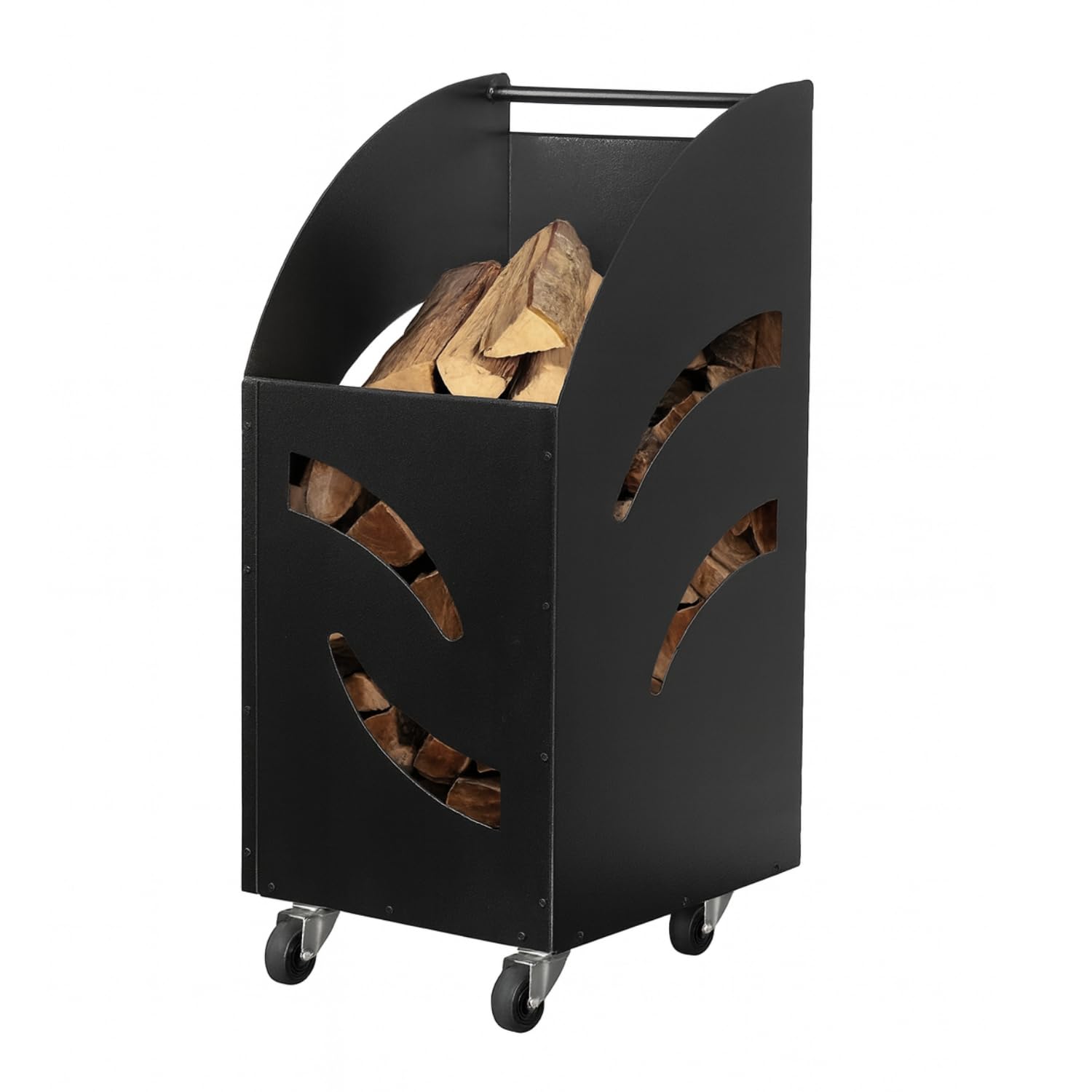Paluplus Cesto Portalegna da Camino con Ruote di colore Nero, Misura 32x42x80 cm, Box per legna in Acciaio Verniciato con Maniglia, Design Elegante, per Stufe e Camini, Made in Italy -2411F -12,5