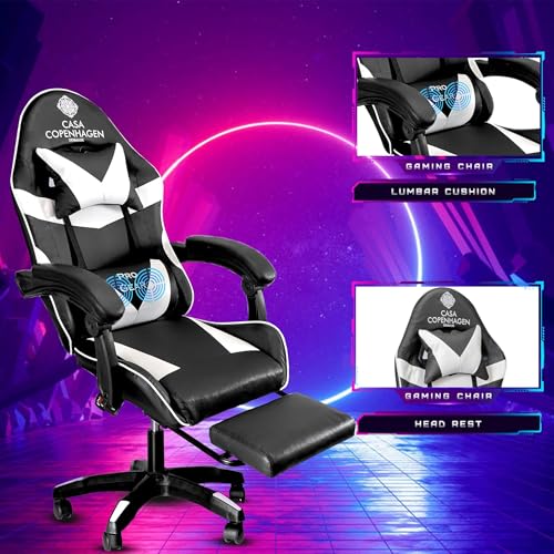 Image of Casa Copenhagen Designed in Denmark,High-Back Italian Leather Gaming Ergonomic Chair with Advanced Mechanism & Electric Back Massager, Memory Foam Seating & Multi Function Arm-Rest - White & Black
