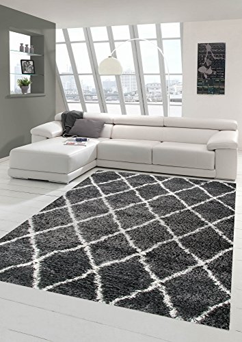 Shaggy Wohnzimmerteppich Hochflor Langflor Rautenmuster in Grau Creme Größe 160x230 cm
