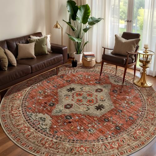 Image of Tangsoo Washable Round Area Rugs 5ft, Boho Non Slip Circle Rug Low Pile
