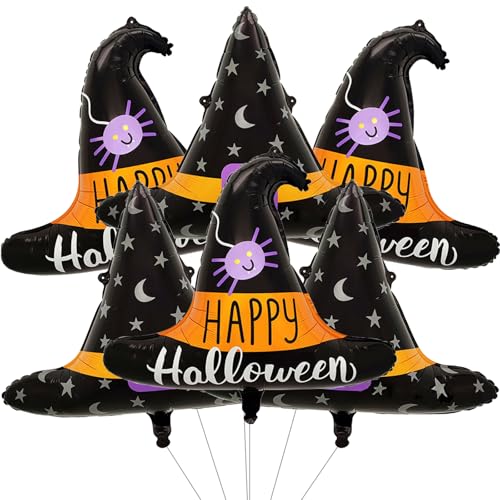 6 PCS Scary Halloween Foil Balloon Decorations Set, Includes Spider Wizard Hat, Star Moon Witch Hat Foil Balloons for Halloween Birthday Baby Shower Masquerade Themed Party Decorations