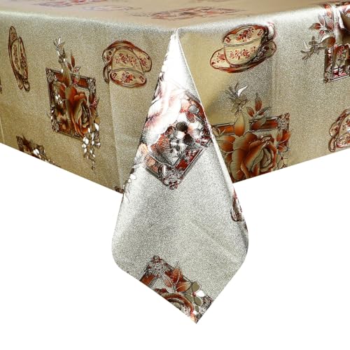 Image of Dakshya Industries PVC Waterproof Withoutlace Dining Table Cover (Size - 54X78 Inch) Rectangle 6 Seater Heat Rasistant, Brown Flower