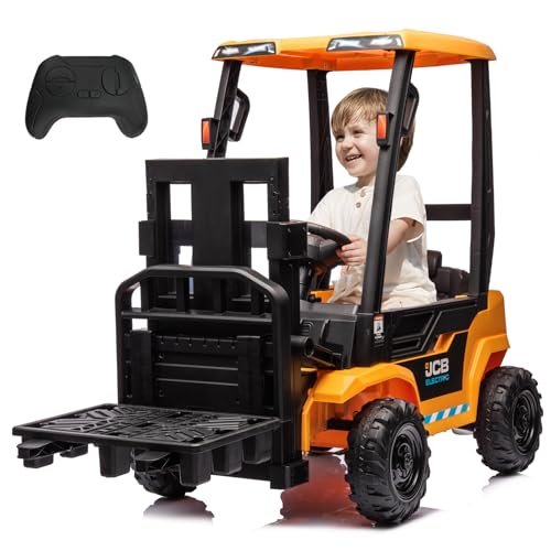 Image of 12V Kids Forklift Ride on Car, Licensed JCB Battery Powered Electric Ride On Construction Car with Liftable Fork, Remote Control, Seat Belt, Spring Suspension, Yellow