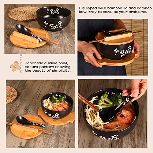 Japanese Cuisine Bowl (6.3 By 3.15 Inches) Set With Wooden Lid, Soup Spoon, Wooden Chopsticks, Bamboo Tray, Ceramics Sakura Ramen Bowl, Ceramic Instant Noodle Bowl, Salad Bowl Soup Bowl Rice Bowl #TOP4
