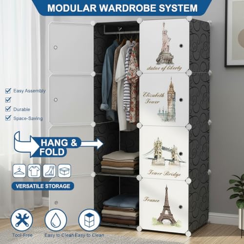Image of Owme Closet for Clothe DIY Plastic Rack - Side Hanger, Storage for Home | with Mist Humidifier with Remote Controller, Shelf Storage Cabinet Stand, Auto Open & Close for Rain and Sun (Black, 8 Door)