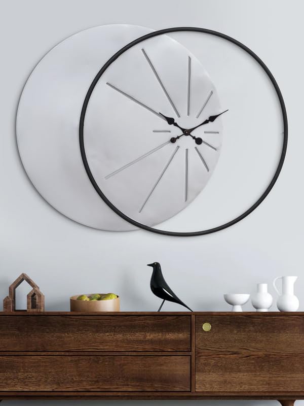 Image of CHRONIKLE Elegant Round Rings Style Metal Silver and Black Color Analog Wall Clock for Living Room Home Decor Office Gifts (Size: 80.5 x 5 x 62 CM | Weight: 2570 Gram)