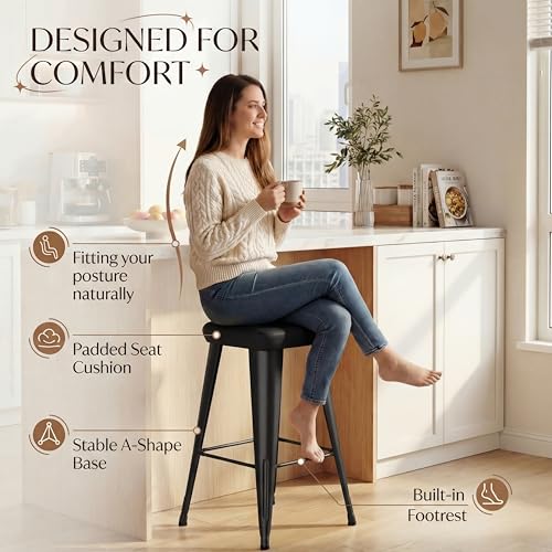 Image of Yongchuang Black Bar Stools Set of 2, 24 inch Upholstered Counter Stools with Metal Legs PU Leather Modern Backless Kitchen Barstools