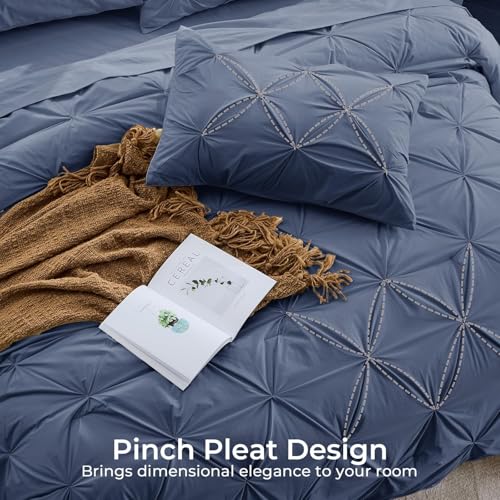 Image of Sasttie Full Size Comforter Set, 7-Piece Bed in a Bag Double, Pintuck Bedding Set for All Season, Includes Comforter, Flat Sheet, Fitted Sheet, Pillowcases and Pillowshams, Indigo Blue
