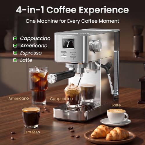 Image of Electactic Semi-Automatic Espresso Machine, 20 Bar Stainless Steel Espresso Machine with Pressure Gauge, Steam Milk Frother, Hot Water Function, Removable Water Tank & Cup Warmer