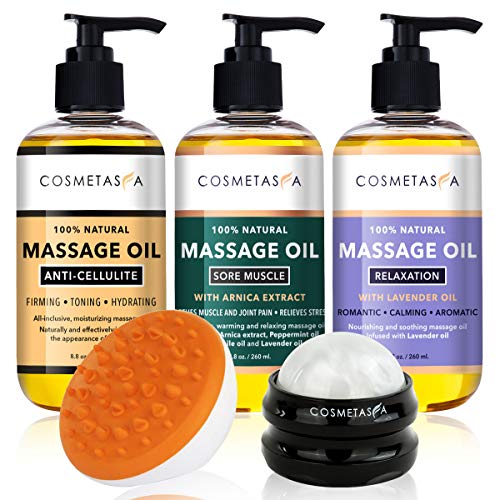 Anti Cellulite, Sore Muscle & Lavender Relaxation Massage Oils with Roller Massage Ball and Massager Mitt- Perfect Spa Treatment Valentine s Gift Set
