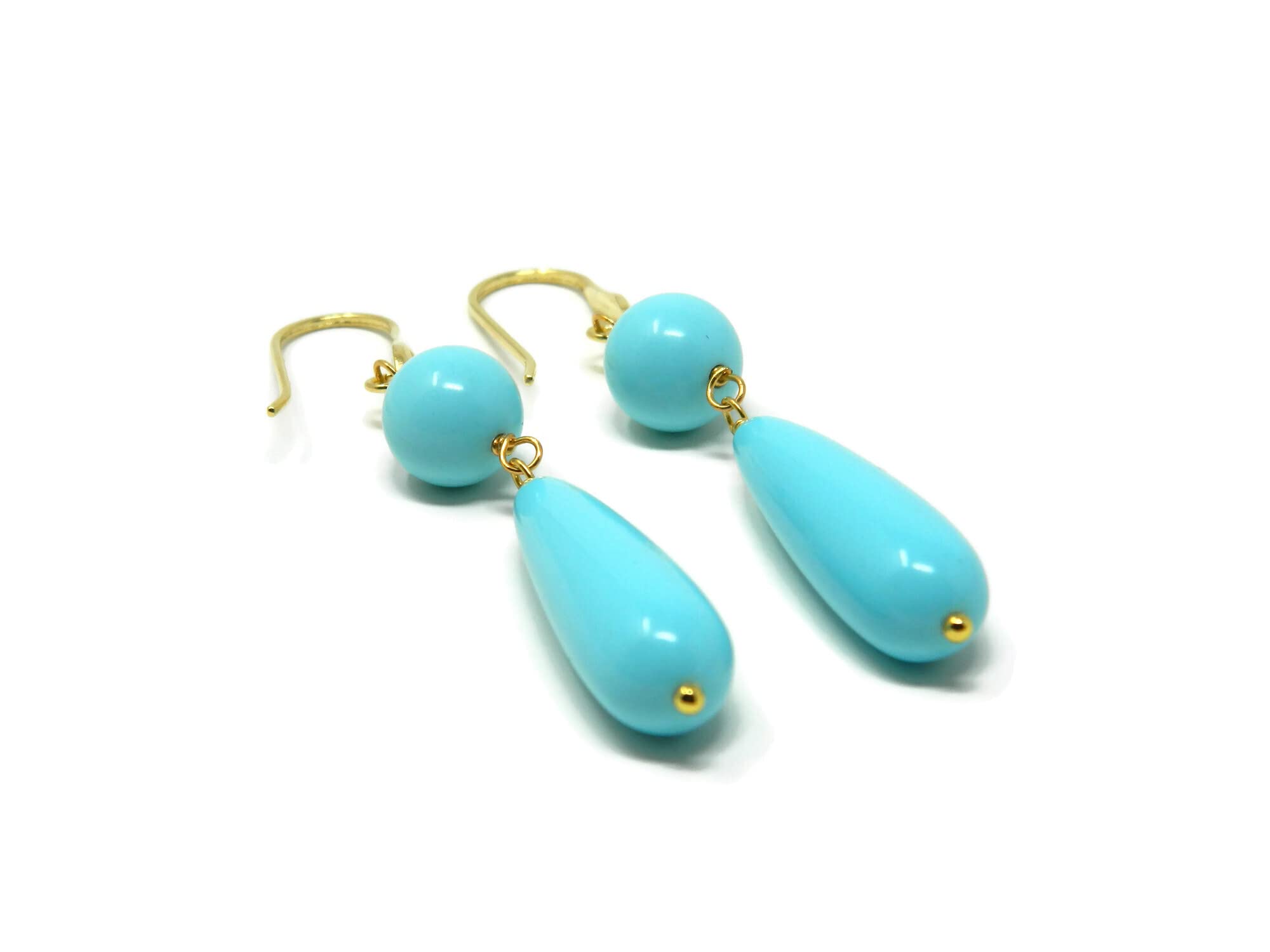 DodiGioielli Orecchini Pendenti Donna Pasta di Turchese Goccia | Goccia Liscia 10x30 mm, Pallina 10 mm, Gancetto Argento 925 Placcato Oro, Handmade, Made in Italy
