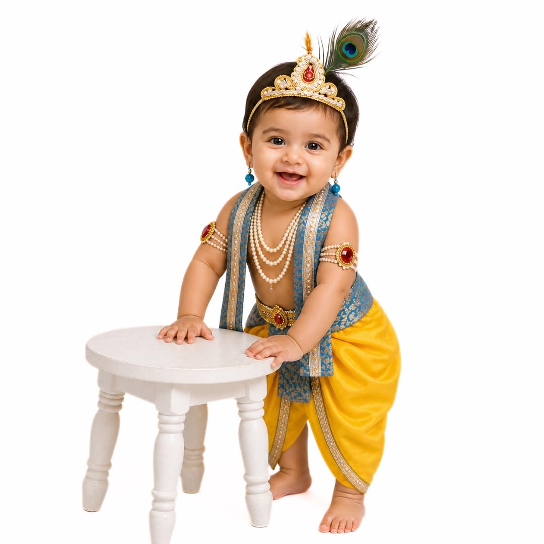 Krishna Dress for Kids ? Costume for Boys & Girls | Bal Krishna Costume Set with Dhoti, Mukut, Morpankh, Bansuri & Accessories | Janmashtami Fancy Dress | Silk Fabric