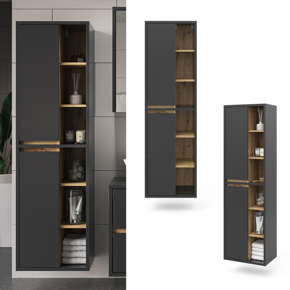 Vicco Armadio per il bagno Viola, Antracite, 50 x 170 cm con ante e vani a giorno, adatto al montaggio a parete e combinabile con altri mobili Viola
