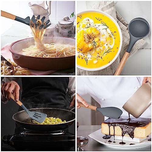 Herogo Kitchen Utensils Set with Holder, 10 Pieces Silicone Cooking Utensil with Wooden Handle, Heat Resistant & Non-Stick, Cooking Spatula Turner Tong Gadgets Utensil Set – Grey - Image 5