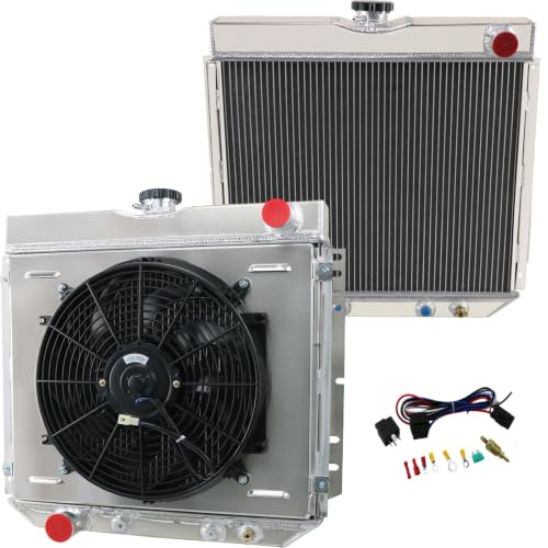 RadRace Full Aluminum Radiator For 1963-1977 Ford Fairlane Maverick Mustang Falcon Torino Mercury Comet Cougar L6 V8 3 Row Core Shroud Fan Thermostat Relay Kit