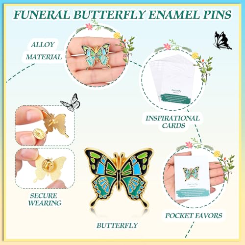 30/60 Sets Funeral Pins Bulk Butterfly/Feather/Wing Lapel Pins Celebration of Life Funeral Favor Memorial Enamel Brooches with Prayer Poem Cards for Who Loss Loved One2