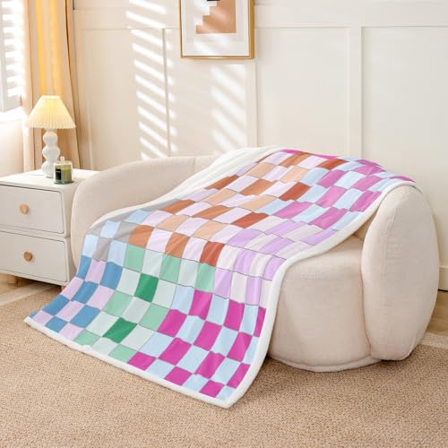 Image of Erosebridal Colorful Buffalo Plaid Throw Blanket Throw 50 inchX60 inch Geometric Grid Checkered Fleece Bed Blanket Rainbow Checkerboard Sherpa Blanket for Kids Boys Girls,Groovy Aesthetic Flannel Blanket