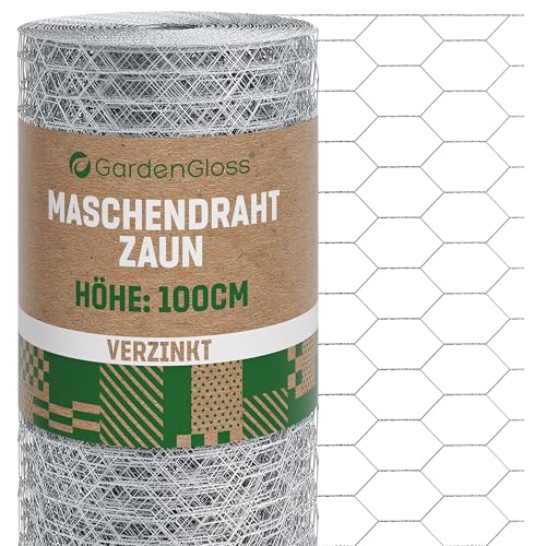 GardenGloss Maschendrahtzaun 100cm Höhe - Verzinkt Sechseckgeflecht Grobmaschig 25mm x 45mm - Hasendraht Kaninchendraht Kükendraht Zaun Hasenzaun Drahtzaun Kleintierzaun - 100cm Hoch 10m Lang