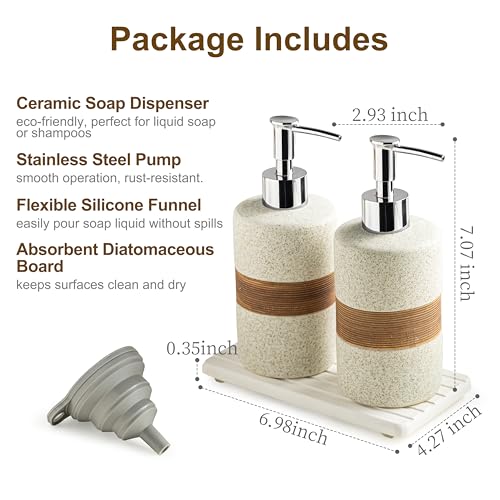Image of 2 Pack Ceramic Soap Dispensers Set, Hand and Dish Soap Dispenser | Shampoo and Conditioner Dispenser Set, for Bathroom and Kitchen | with Stainless Steel Pump, Silicone Funnel and Tray, White