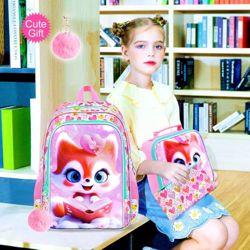 Image of CCJPX 16 inch Fox Backpack for Girls, 3Pcs Kids Bookbag with Lunch Box, Water Resistant Elementary School Bag for Kindergarten Preschool Toddler (Pink)