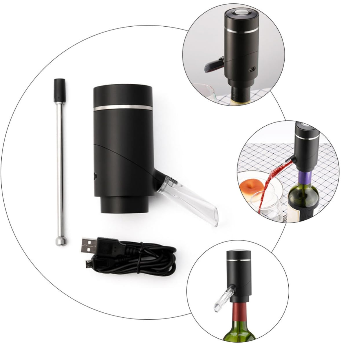 Aérateur de Vin Électrique Noir, Distributeur Touche, Batterie Intégrée