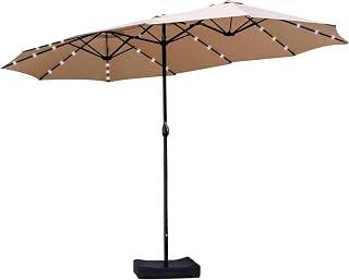 GALAXARMOR 15ft Double-Sided Patio Umbrella with 36 Solar LED Lights, Crank Handle & Base - Extra Large Shade for Deck & Pool