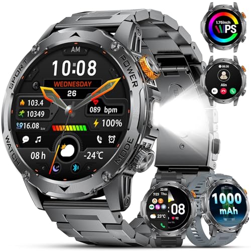 ESFOE Reloj Inteligente Hombre 1000mAh/LED Linterna/5ATM Impermeable/3 Correas/1.75" HD Smartwatch Hombre Militar con Llamadas, 120+ Modos Deportivos Pulsómetro Podómetro Pulsera Actividad Android iOS